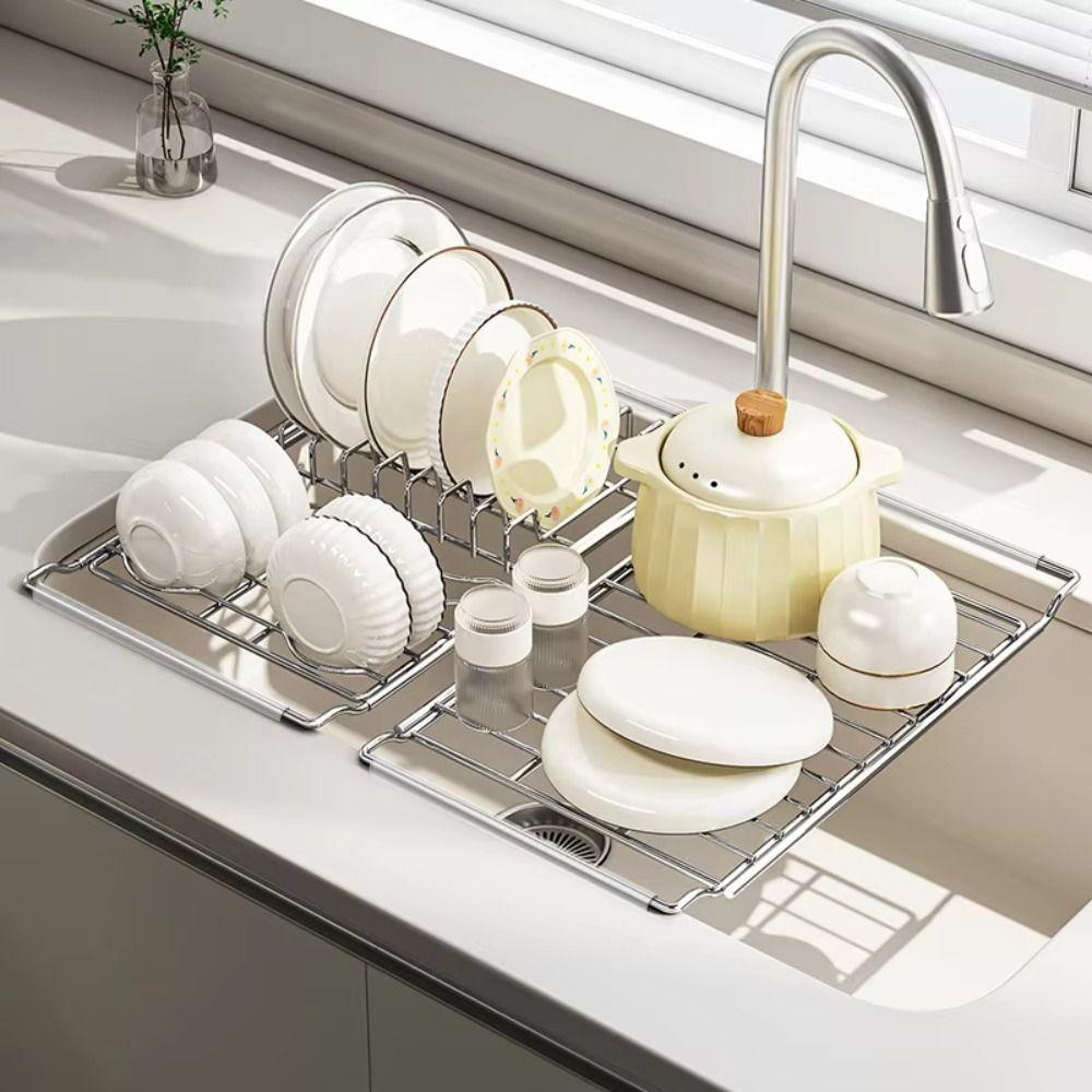 Rustproof Kitchen Sink Organizer Stainless Steel Retractable Drain Basket Dish Drying