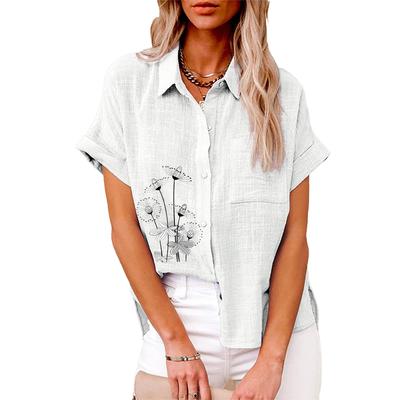 Женская льняная блузка больших размеров с коротким рукавом и цветочным принтом, повседневная женская футболка на пуговицах