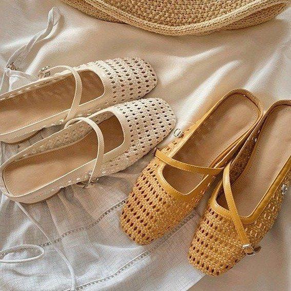 Retro woven hollow square head with thick heel Muller half slippers women's summer wear beach temperament bag head sandals