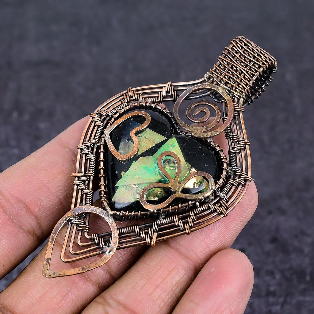 Dichroic Glass Handmade Copper Wire Wrap Jewelry Pendant 3.55" c4G02