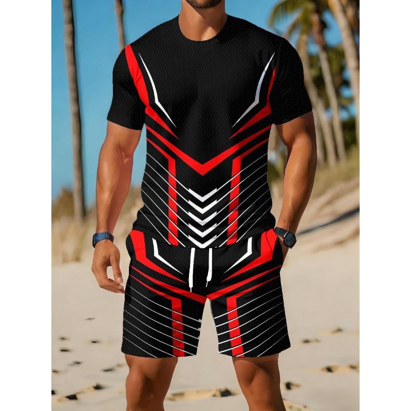 Casual Sports Suit, Breathable Outdoor Leisure Men'S Round Neck T-Shirt And Shorts Set, Summer Digital Print Outfit for Adult Men, Plus Size
