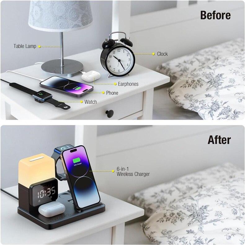 6 в 1 беспроводное зарядное устройство подставка будильник лампа складная быстрая зарядная док-станция для iPhone IWatch 8 7 AirPods