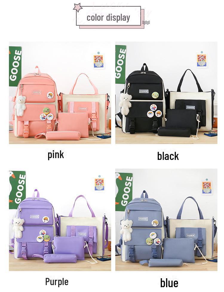 High-End Canvas Backpack for Junior High School Girls - Four-Piece Set