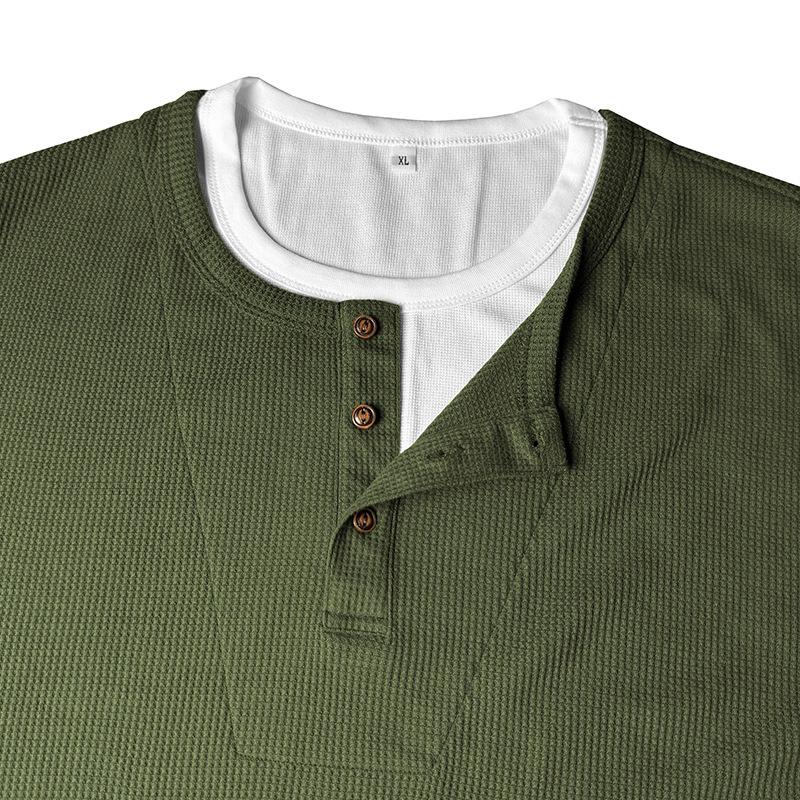 Men Waffle Knit Henley Collar Short Sleeve Solid Color Casual Button Placket T Shirt