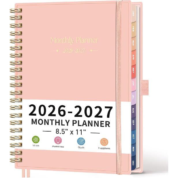 Ежемесячный планировщик RETTACY 2026-2027, Янв 2026 - Дек 2027, Большой размер (8,5 "х 11"), Повестка дня, Календарь, 24 месячных вкладки, Гибкая пластиковая обложка, 100 г/м²