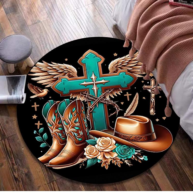 1Pc Cowgirl Boots Hat Circular Print Rug - home decoration Carpet For Living Room Bedroom Flooring Computer Chair Area Rug