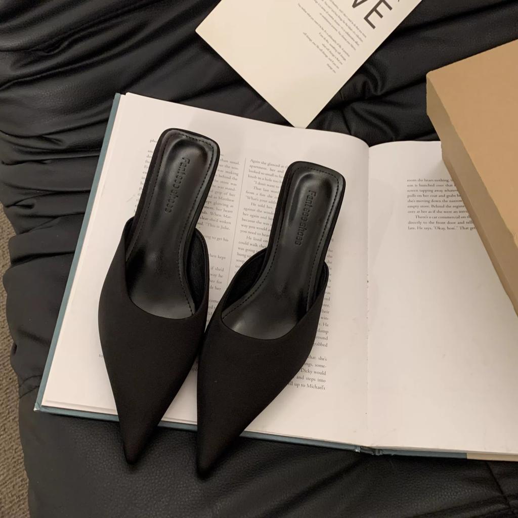 Новые женские мюли-тапочки с острым носком, конфетного цвета, элегантные женские нарядные сандалии на квадратном низком каблуке, шлепанцы