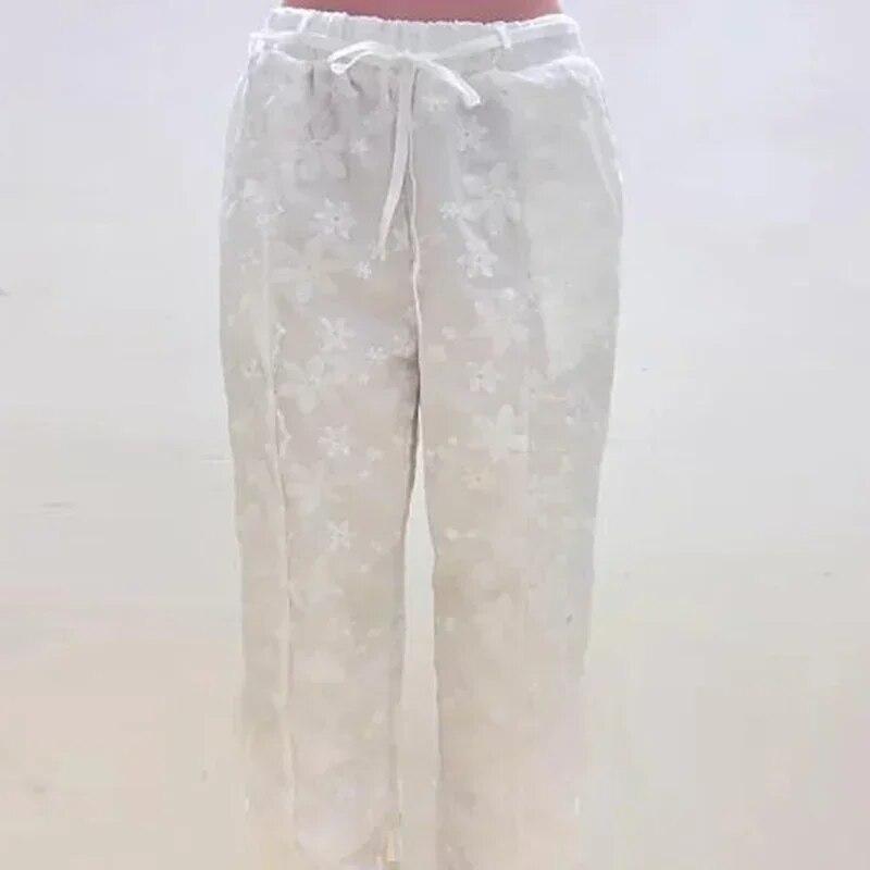 Элегантные свободные белые прямые брюки на шнурке, повседневные женские брюки из хлопка и льна с вышивкой до щиколотки, брюки с эластичной резинкой на талии 26162