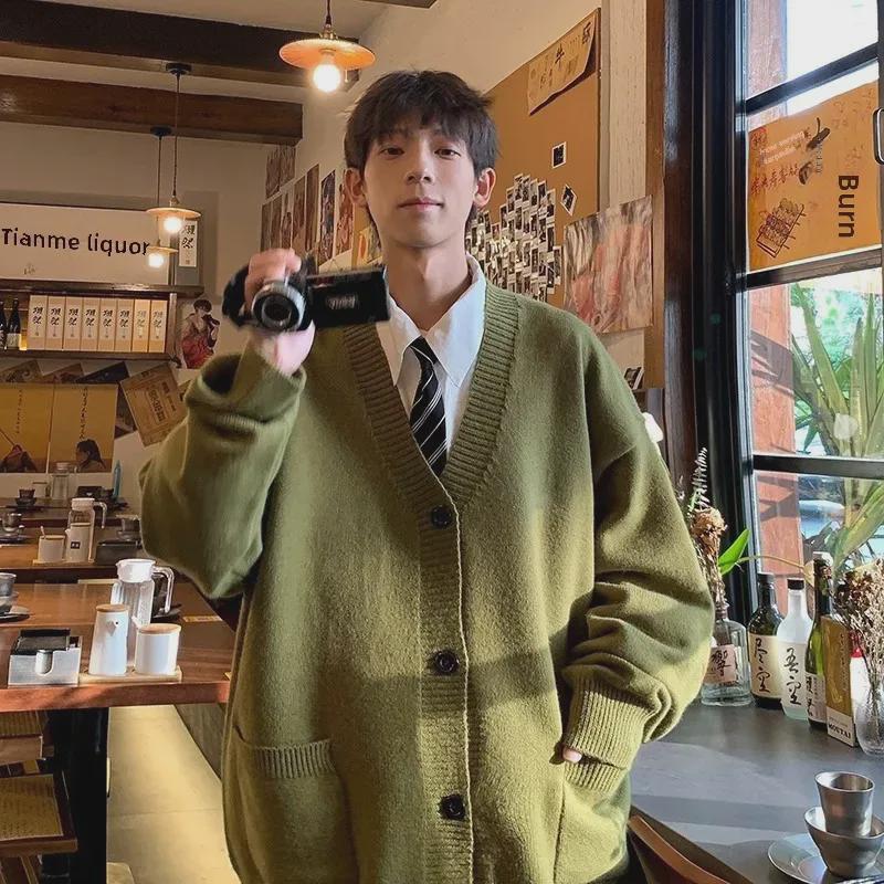 Мужской кардиган в японском стиле с V-образным вырезом в ретро-стиле — вязаный свитер на осень/зиму, модная и свободная верхняя одежда.