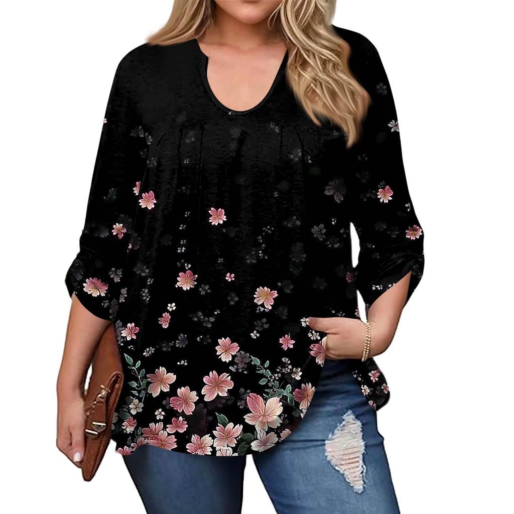 Женский модный топ большого размера с принтом, повседневный плиссированный, с круглым вырезом и длинными рукавами