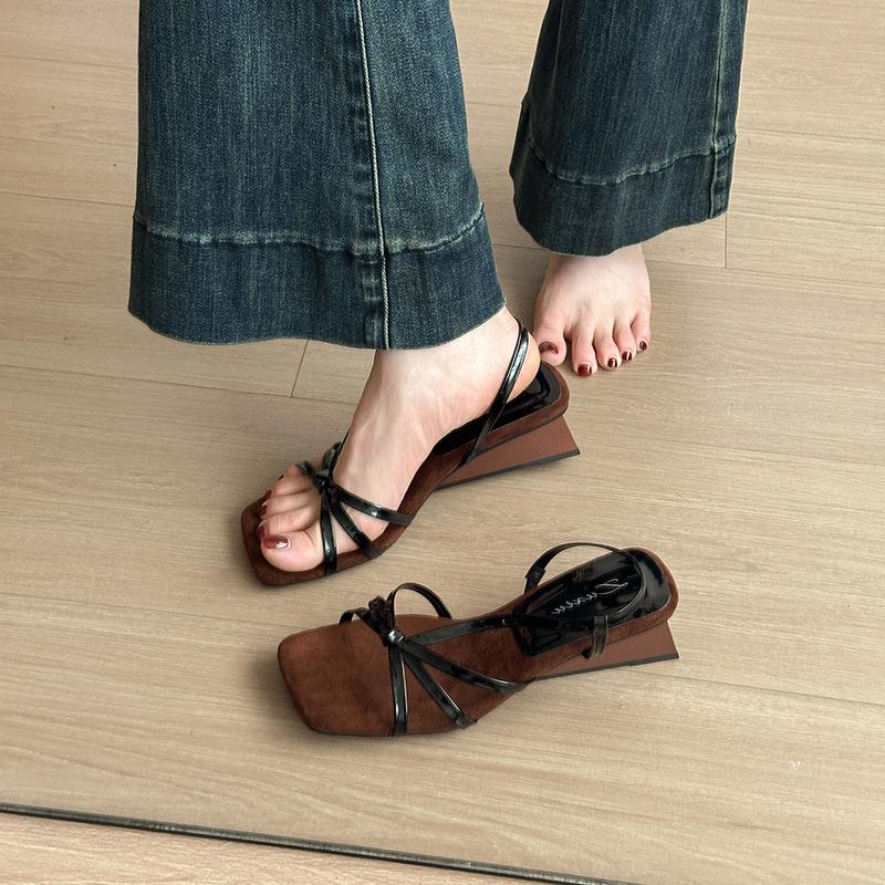 One word with high heels sandals women's head temperament open toe with skirt retro wedge heel shoes summer sandals