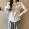 Spring Autumn Solid Color Hooded Long Sleeve Fashion T-Shirts Women High Street Casual Slim Zipper Patchwork Pure Cotton Tops