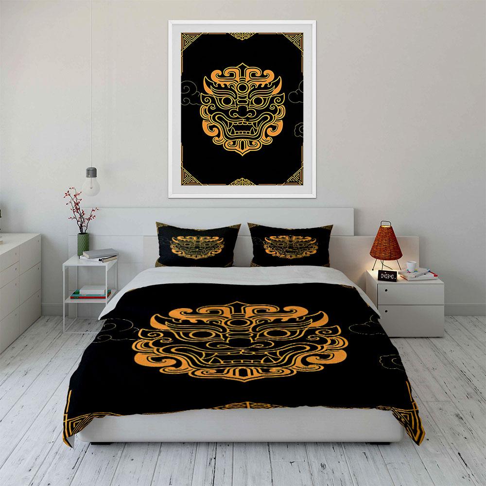 Golden dragon face motif. Bedding sets Duvet cover sets Duvet covers Pillowcases(1 * Duvet Cover 2 * Pillowcases, without duvet insert)
