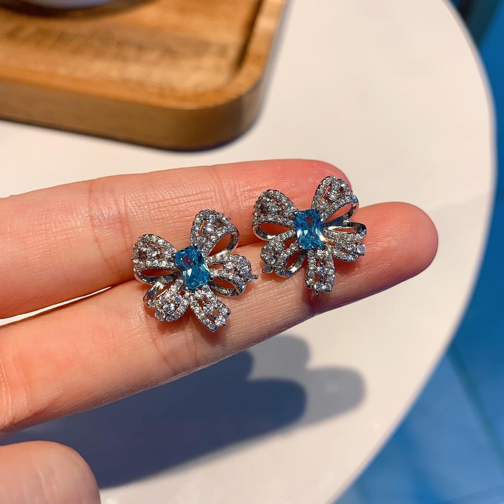 Sea Blue Diamond Bow Bone Chain Necklace Women, Blue Simple Stud Earrings Ring Jewelry Set