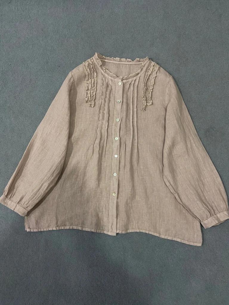 Johnature Crewneck Shirt Loose Top Women Autumn Vintage Ruffles Loose All Match Full Sleeve Female Blouses