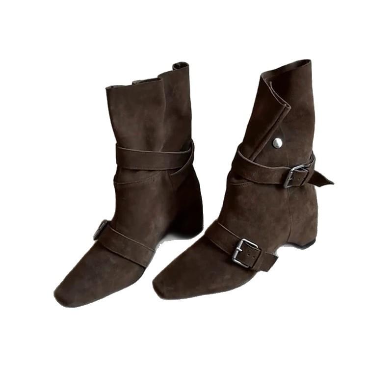 Версия из коровьей кожи~ ретро нишевый темперамент квадратный носок внутренняя высота увеличение ремень с пряжкой ковбойские сапоги вестерн женские складки два способа носки короткие сапоги