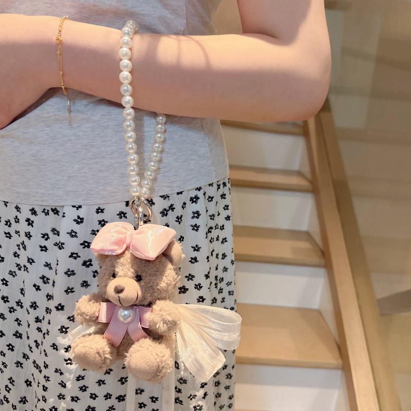 Универсальная подвеска «Маленький медвежонок»: Милая плюшевая цепочка для мобильного телефона с жемчугом и бантами