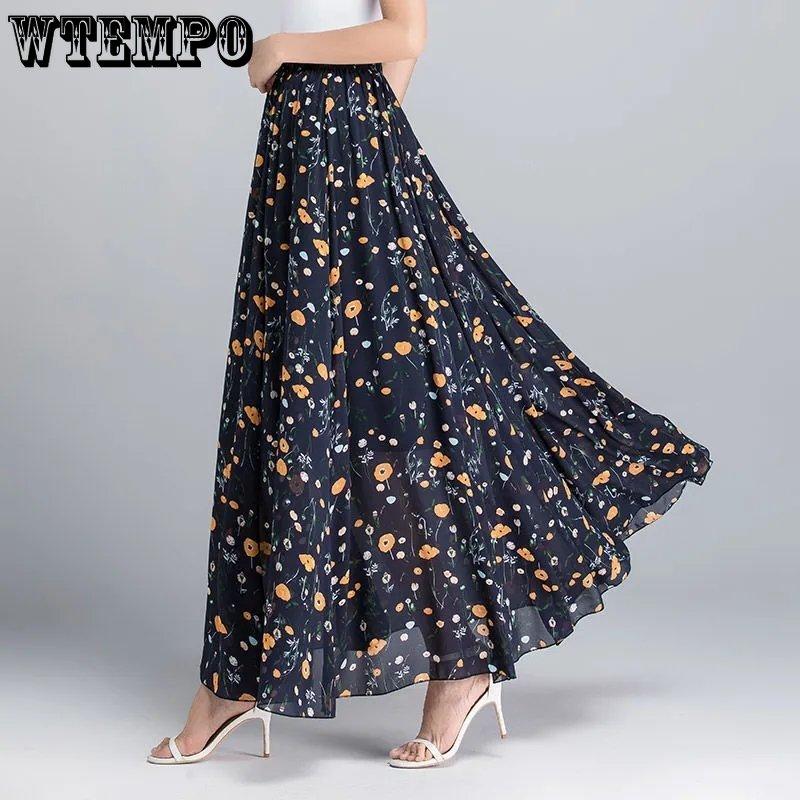 WTEMPO Эластичные большие распашные юбки с высокой талией, женские весенне-летние длинные длинные юбки трапециевидной формы с цветочным принтом, шифоновые юбки для танцев для мамы