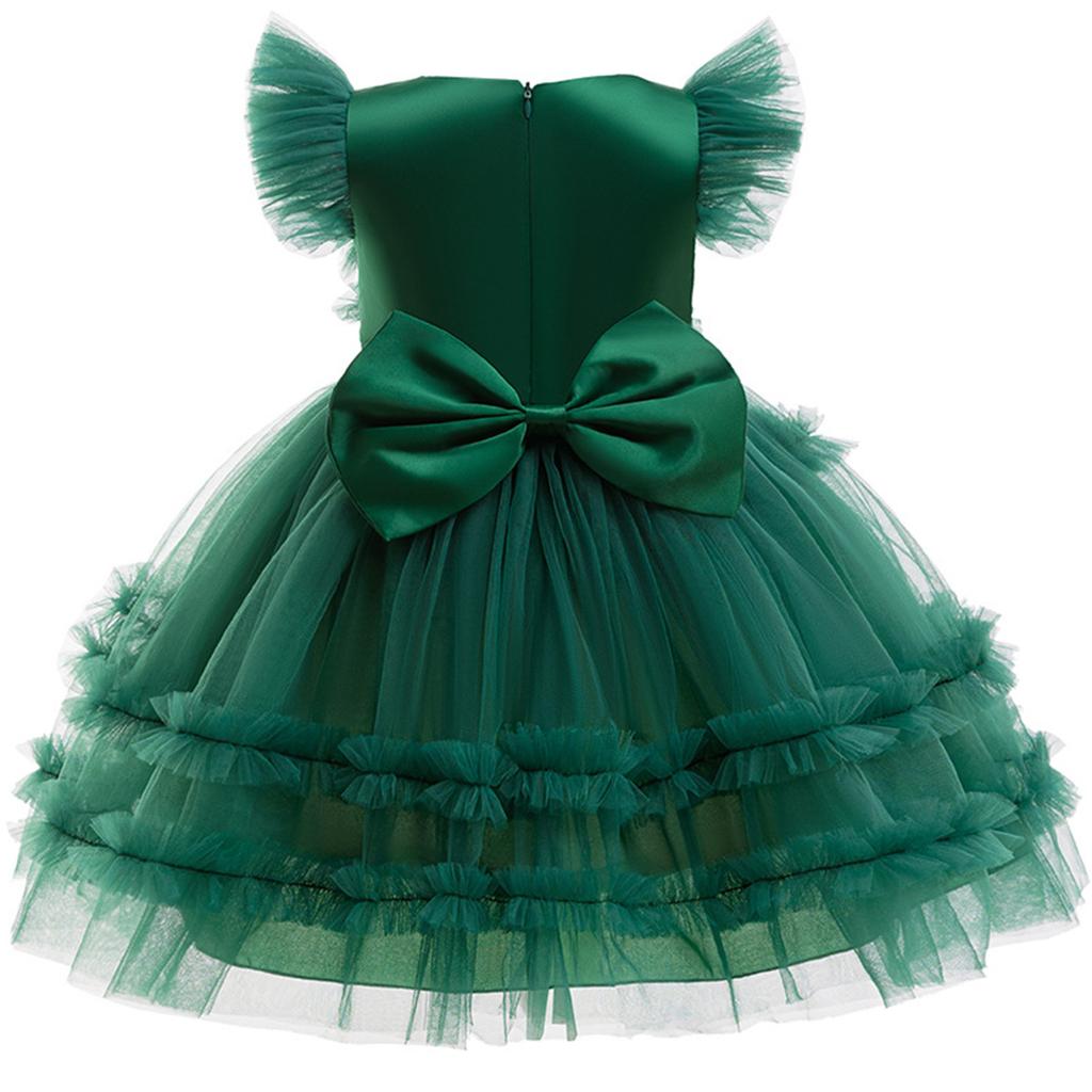 Kids Xmas Party Dress Girls Christmas Tree Tutu with Pompoms Flying Sleeve for Holiday Photo Shoot Celebration