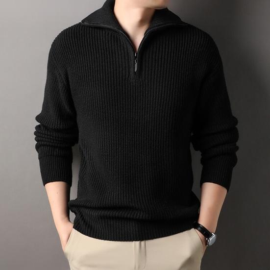 Men Fall Winter Sweater Lapel Loose Half Zipper Long Sleeves Mid Length Solid