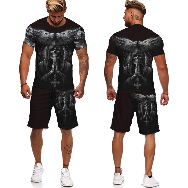 Новинка, футболка/костюм с 3D принтом готического черепа, летние мужские крутые футболки в стиле панк + шорты, индивидуальный спортивный костюм в стиле хип-хоп, уличная одежда