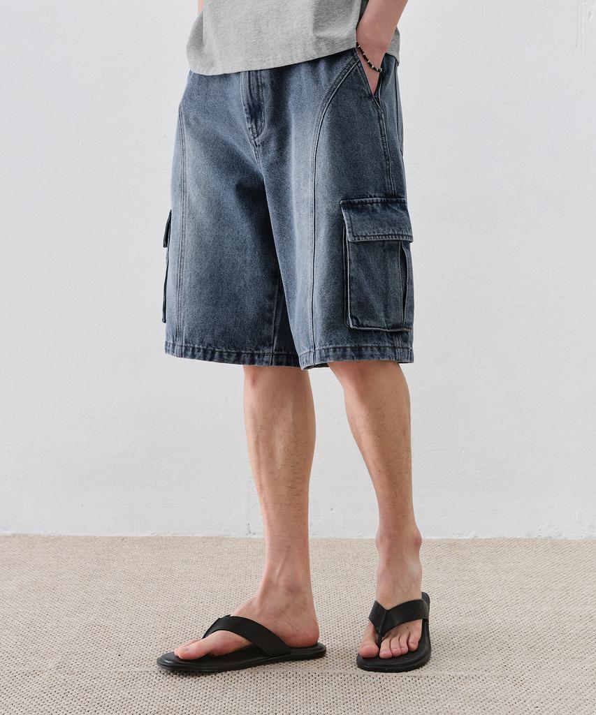 DRAW FIT Curved Line Cargo Denim Half Pants [Dusty Blue]