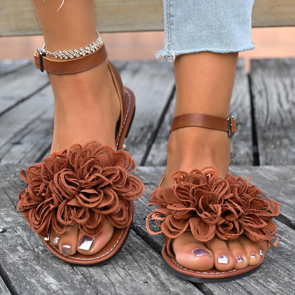 Fashion Elegant Flower Flat Sandals for Women 2025 Summer New Voyeur Women Pump Silk Shallow Ankle Buckle Sandals Shoes for Women