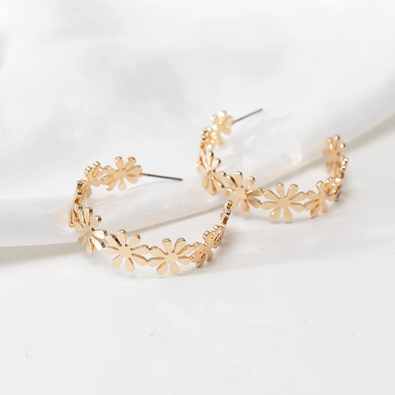 Корейский дизайн C-образные металлические серьги-подвески в виде цветка, модные минималистичные золотые цветные круглые серьги-петли в стиле хип-хоп