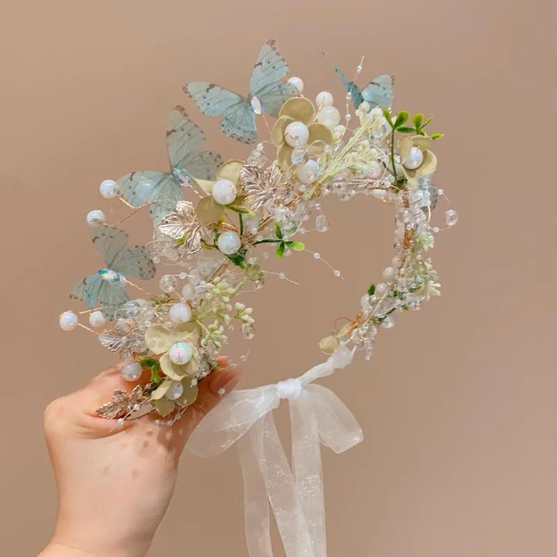 Элегантный жемчужный венок-ободок для невесты с бабочками для девочки, свадебная вечеринка, повязки для волос, принцесса, цветок, лента для волос, ювелирные аксессуары