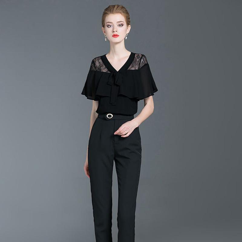 Черные кружевные топы. Женская летняя шифоновая рубашка с v-образным вырезом и оборками. Тонкая футболка с короткими рукавами. Шикарная нишевая футболка с баской.