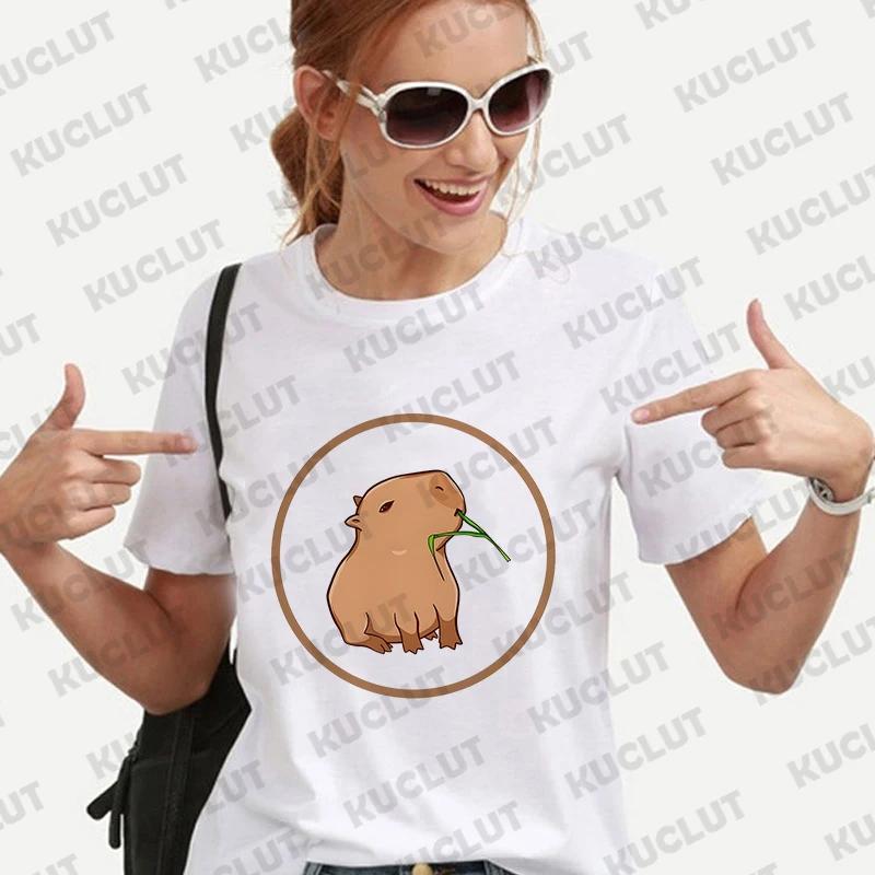 Cute Capybara Anime Women's T-shirt Casual Ulzzang Short Sleeve Tees Cartoon Graphic Y2K Tops Female Blouse Aesthetic Clothing