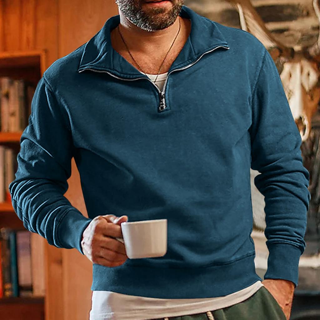 Men's Vintage High Neck Top Half Zip Sports Long Sleeve Sweater