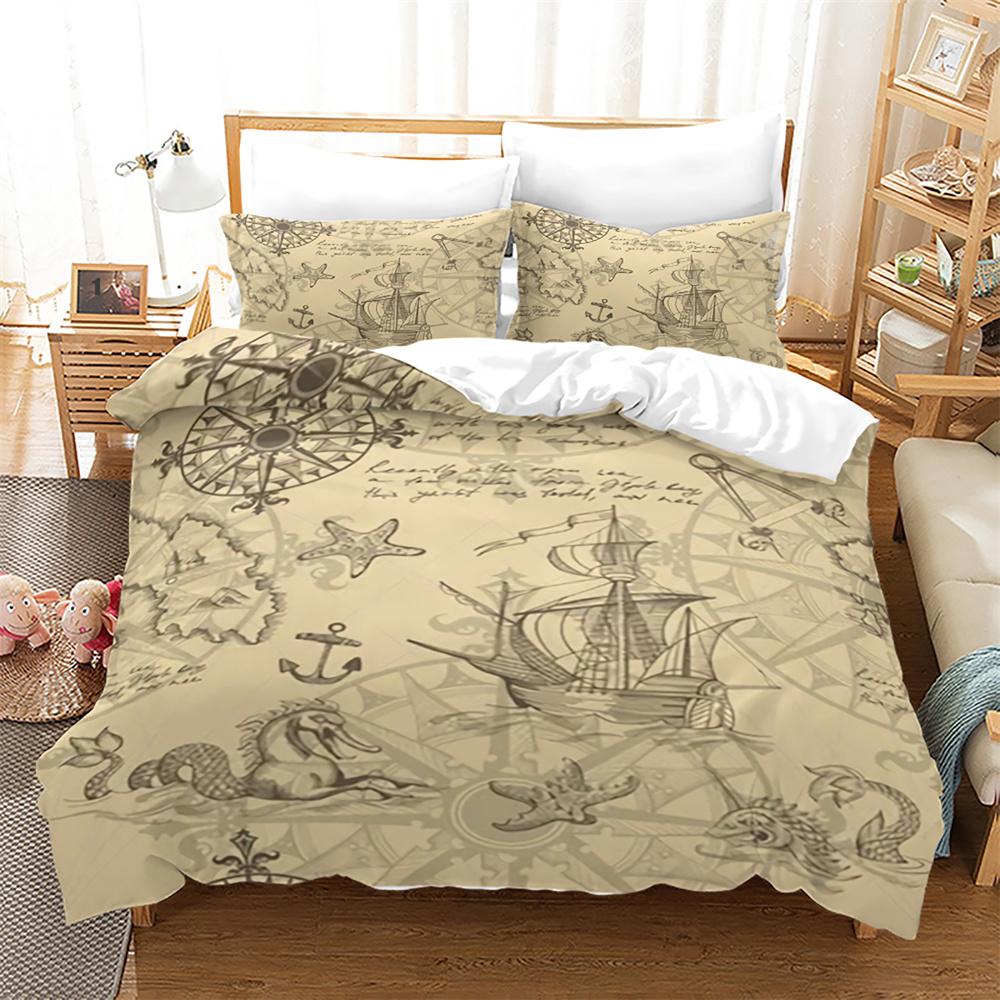Pirate Ships Duvet Cover Set Vintage Nautical Style Comforter Cover Polyester Bedding Set Medieval Sailing Ship King Queen Size