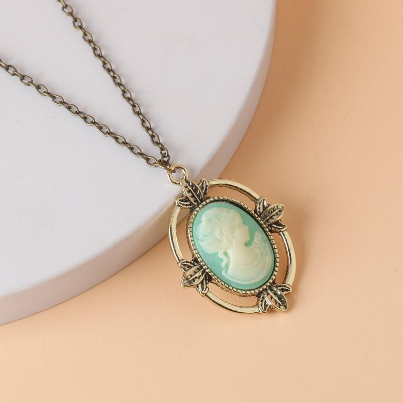 Vintage Style Bronze Light Blue Cameo Necklace The Vampire Diaries Katherine Beauty Head Pendant Necklace For Women