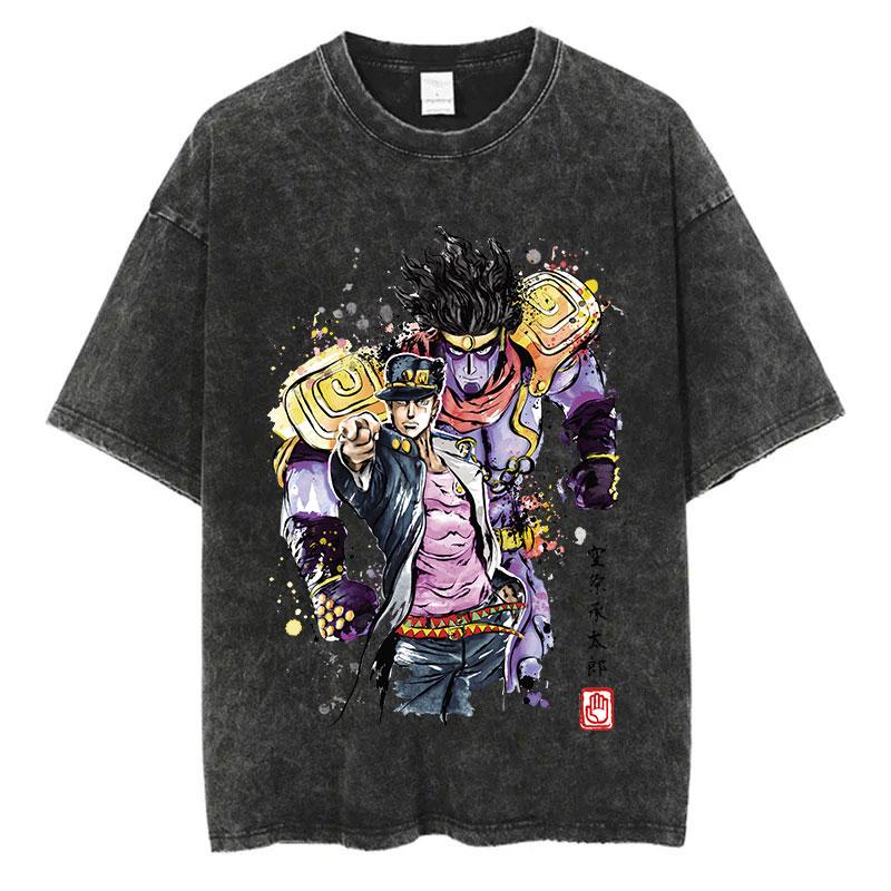 Винтажная стираная футболка мужская летняя хип-хоп уличная футболка JoJo's Bizarre Adventure аниме принт хлопок повседневная с коротким рукавом повседневная носка крутая футболка