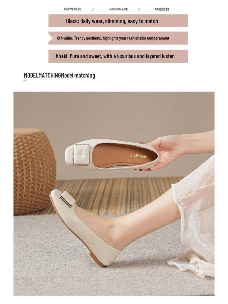 Женские балетки из натуральной кожи, весна 2025: Низкий вырез, Универсальный массивный каблук, Большие размеры 41-43, Идеально для летней работы.