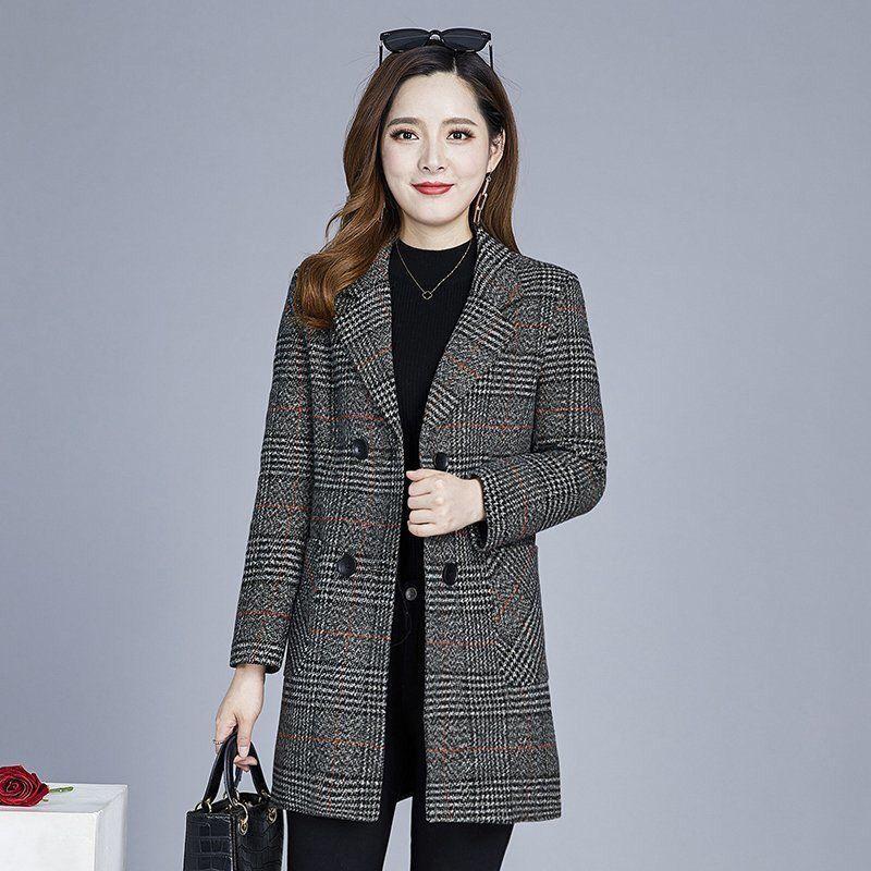 Autumn and Winter Coat Temperament Mid-length Blouse Women's Plaid Windbreaker