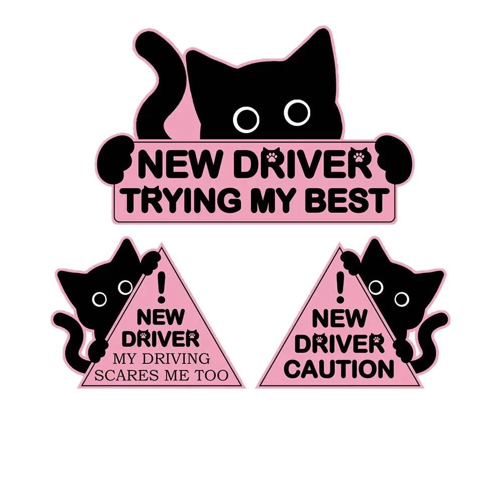 Magnetic Reflective “New Driver” Car Sticker—Cat-Patterned “New Driver” Bumper Sticker, Weather-Resistant and Removable