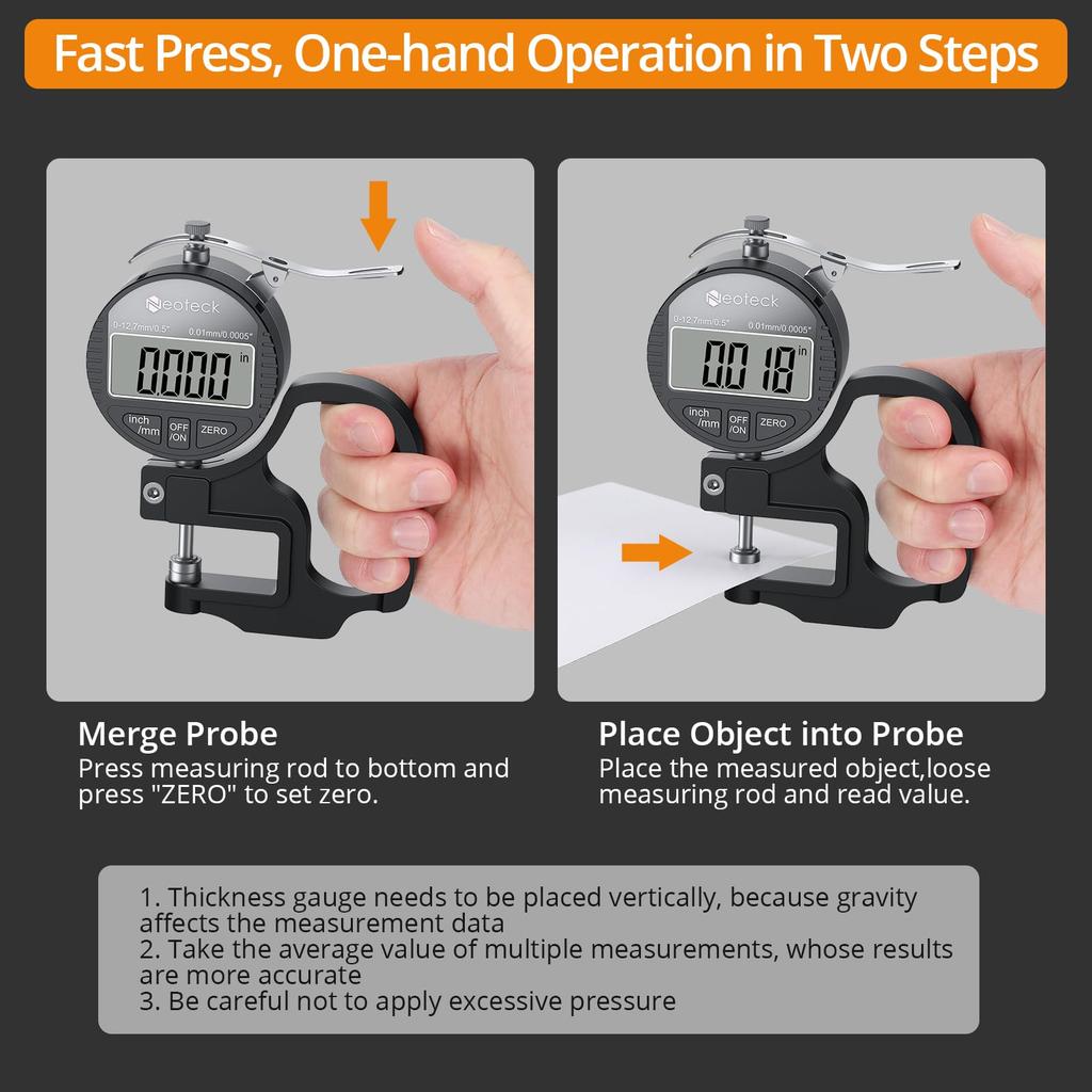 Neoteck Digital Thickness Aluminum Alloy Measurement Large LCD Thickness Gauge Gauge, Construction, 0.01mm Accuracy, 0-12.7mm Range, Display,