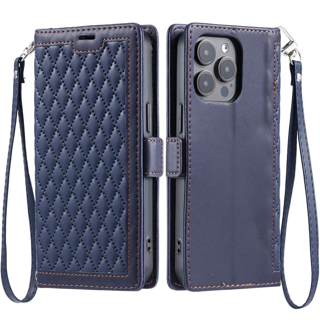 For iPhone 16 Pro Leather Case Rhombus Texture Wallet Stand Phone Cover with Wrist Strap