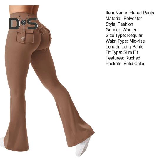 Women Yoga Pants Solid Color Slim Fit Flared Pants with Pockets Thin Elastic Cargo Style Sexy Ruched Long Pants