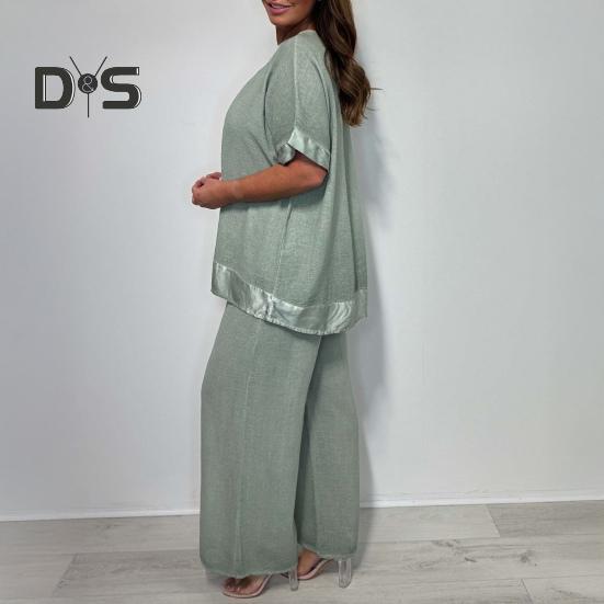 Женский повседневный комплект из двух частей, большой размер, топ с V-образным вырезом и короткими рукавами, широкие брюки, летний свободный комплект для отдыха