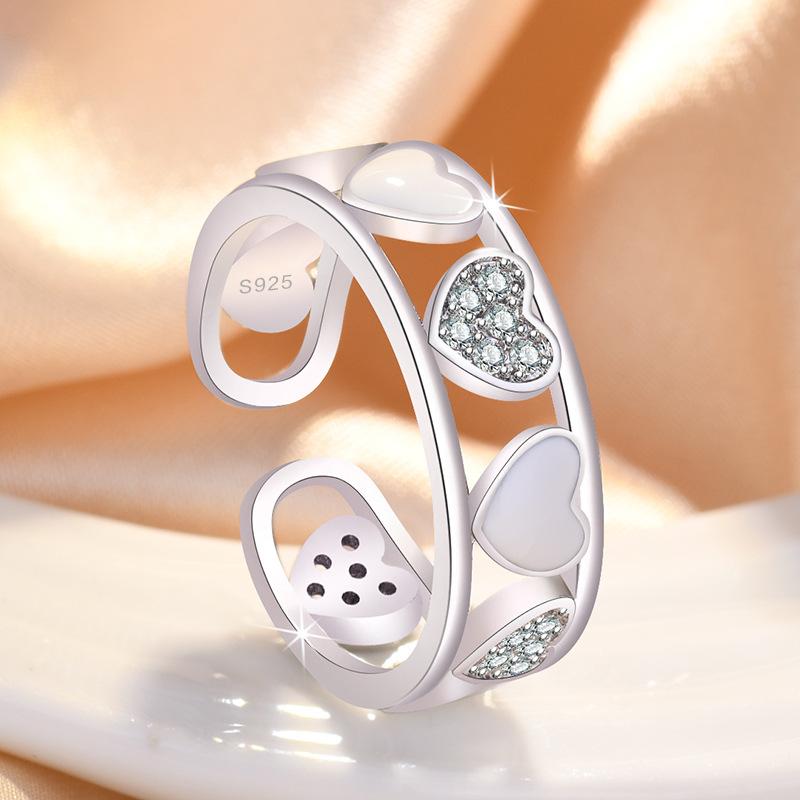 Fashion Ladies Crystal Love Heart Adjustable Open Rings Jewelry
