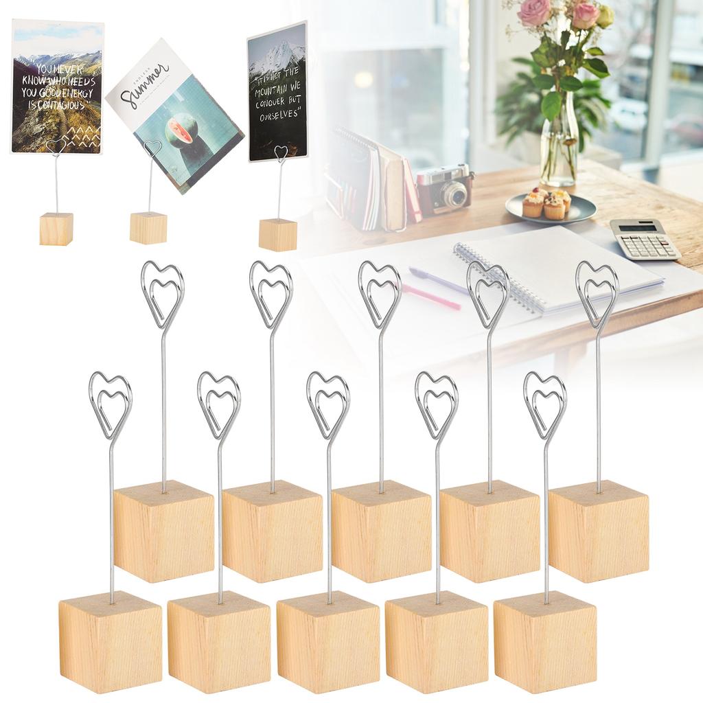 10Pcs Photo Holder Note Message Card Picture Metal Clip Stand Solid Wood Base Craft