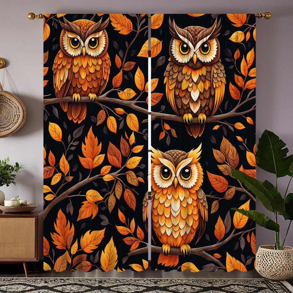 2 Pieces of HD Maple Tree Three Owl Curtains Yellow Tie Digital Printed Curtains Home Decoration Style Decorate Living Room Bedr