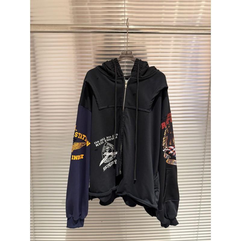 Мужская оверсайз худи на молнии с потертостями и эффектом стирки Streetwear Свободный крой Хлопковый пуловер Куртка Осень Зима 2025