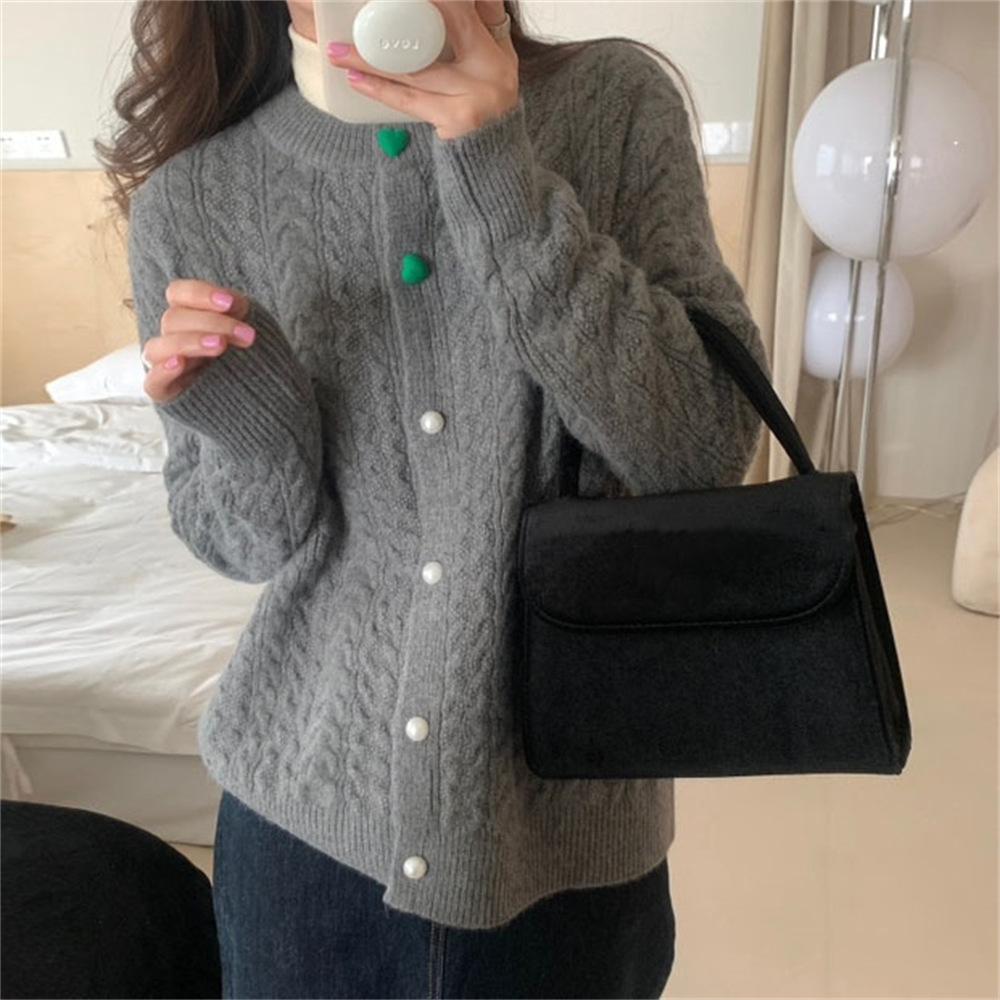 Autumn and Winter Women's Sweater Round Neck Love Button Fried Dough Twists Knitted Cardigan