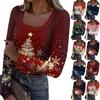 Женская модная футболка с тонким низом, рождественский принт, пуловер с U-образным вырезом и длинными рукавами
