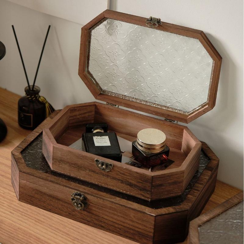 Wooden Jewellery Box Glass Flip Cover Necklaces Storage Boxes Bracelet Ring Organizer Box Large Capacity Storage Casket Jewelry