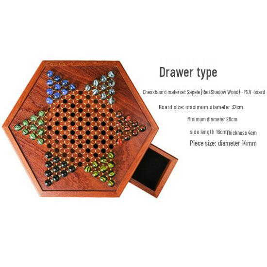Checker Glass Marbles Wooden Tabletop Game, Chess, Card Game, Competitive Puzzle Toy with Drawer-style Storage.
